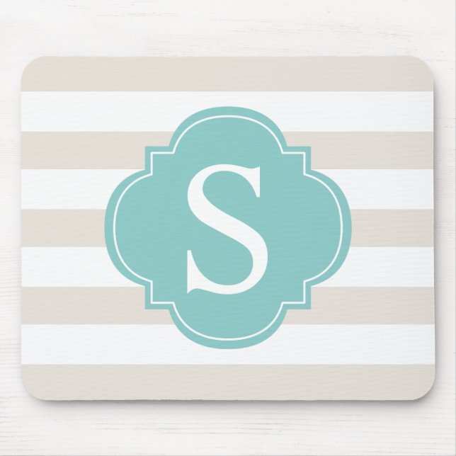 Beige Mint Stripes Monogram Mouse Pad (Front)
