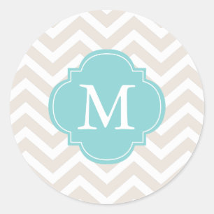 Beige & Mint Zigzags Pattern Monogram Classic Round Sticker