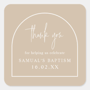 Beige Modern Arch Minimalist Christening Favour Square Sticker