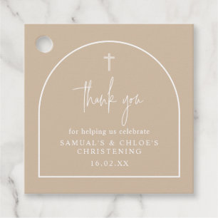 Beige Modern Arch Minimalist Joint Christening Favour Tags