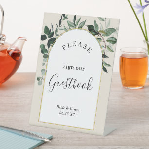 Beige Modern arch watercolor greenery guest book  Pedestal Sign