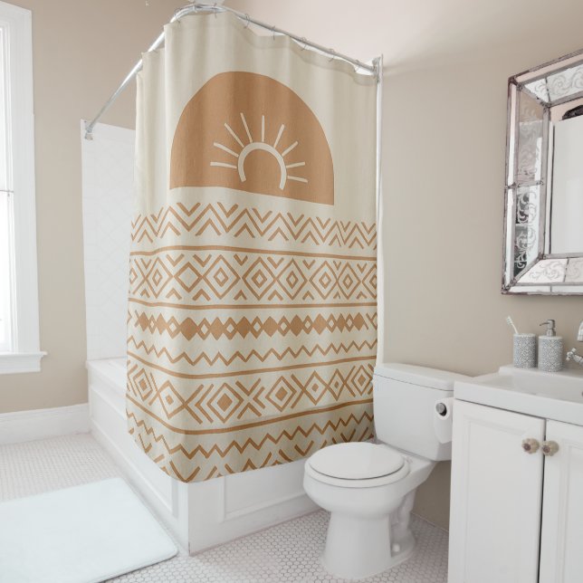 Beige Modern Bohemian Shower Curtain (In Situ)