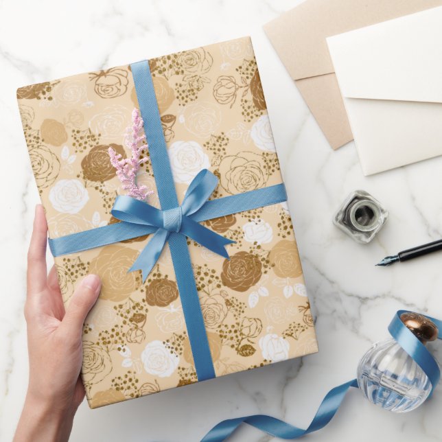 Beige | Modern & Elegant Faux Glitter Floral Wrapping Paper (Gifting)