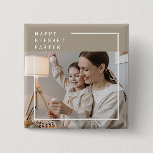 Beige Modern Family Photo   Happy Blessed Easter 2 Inch Square Button