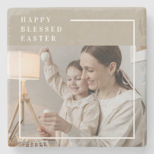 Beige Modern Family Photo   Happy Blessed Easter Stone Coaster