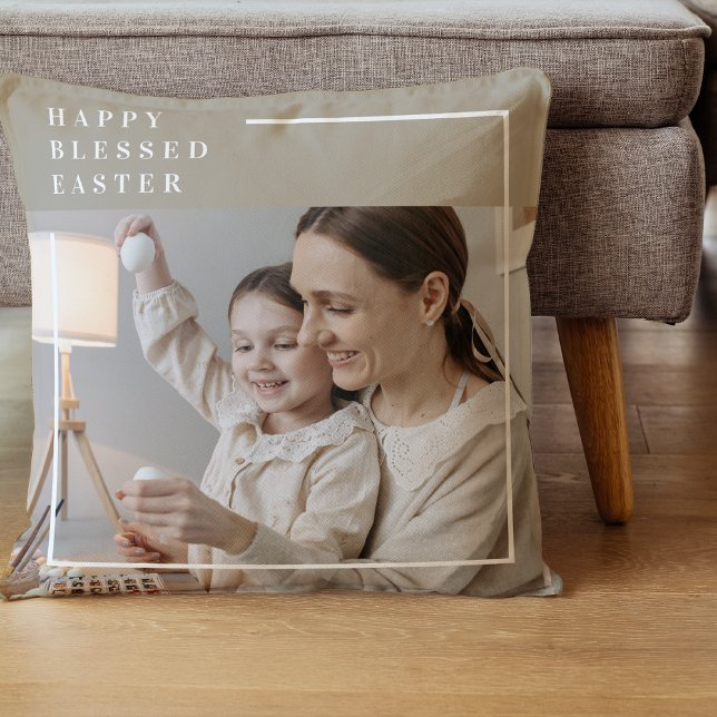 Beige Modern Family Photo | Happy Blessed Easter Throw Pillow (Creator Uploaded)
