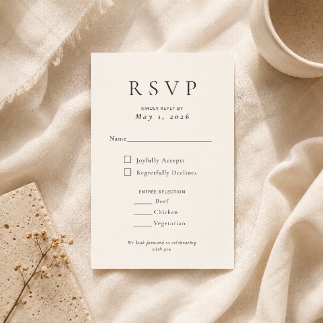 Beige Modern Minimal Wedding RSVP Card (Elegant Beige Modern Minimal RSVP Card for luxury weddings.)
