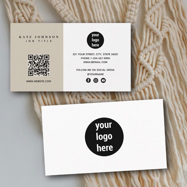 Beige Modern Minimalist Business Logo QR Code  Card (Beige Modern Minimalist Business Logo QR Code Business Card)
