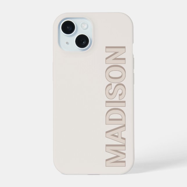 Beige Modern Monogram Name iPhone 15 Case (Back)