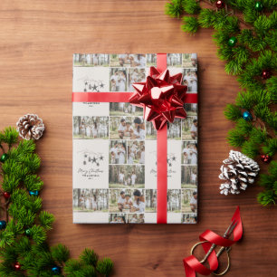 Beige modern multi photo elegant script Christmas Wrapping Paper
