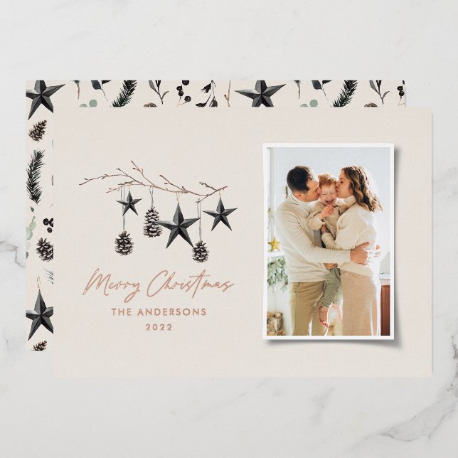 beige modern scandi elegant script Christmas photo Foil Holiday Card (Front/Back)
