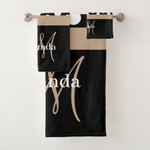Beige Monogram Black White Polka Dot Bath Towel Set