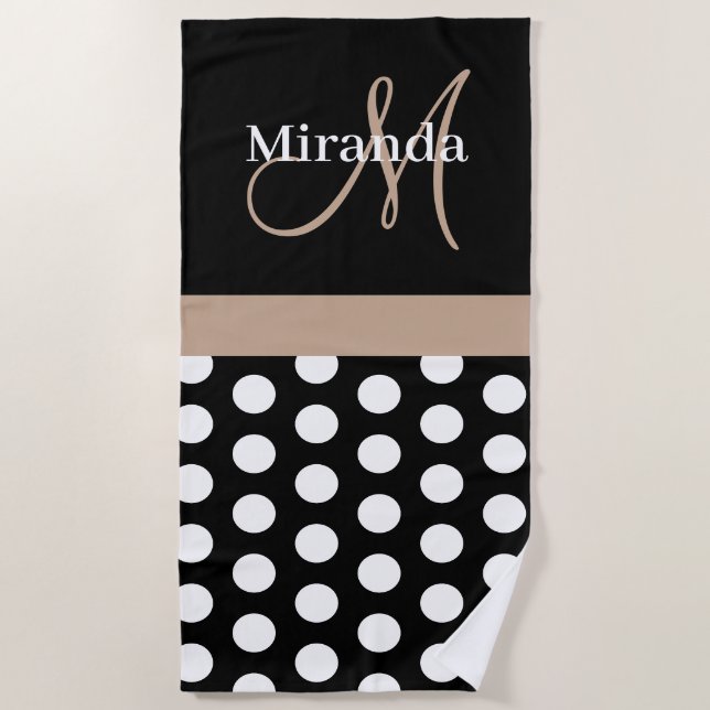 Beige Monogram Black White Polka Dot Beach Towel (Front)