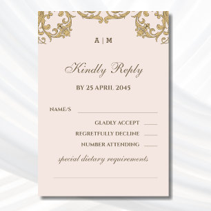 Beige Monogram Ornate Victorian Wedding RSVP Card
