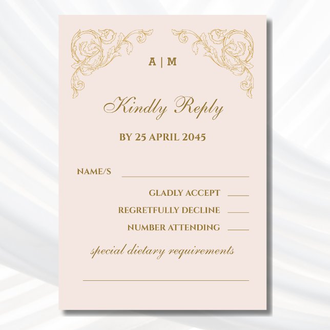 Beige Monogram Vintage Baroque Wedding RSVP Card  (Creator Uploaded)