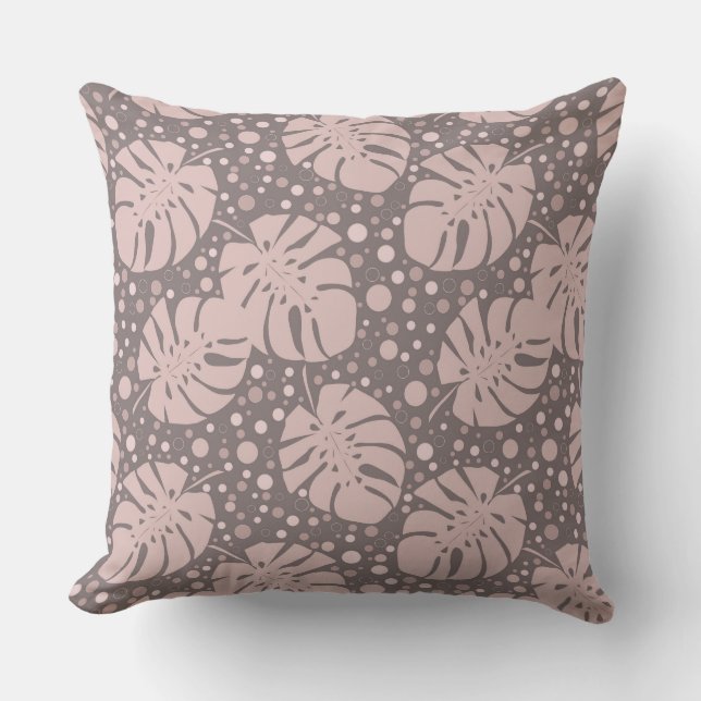 Beige monstera leaves on brown polka dot throw pillow (Front)