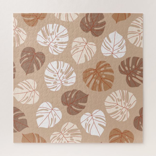 Beige Monstera Leaves: Trendy Hand-Drawn Pattern Jigsaw Puzzle (Vertical)