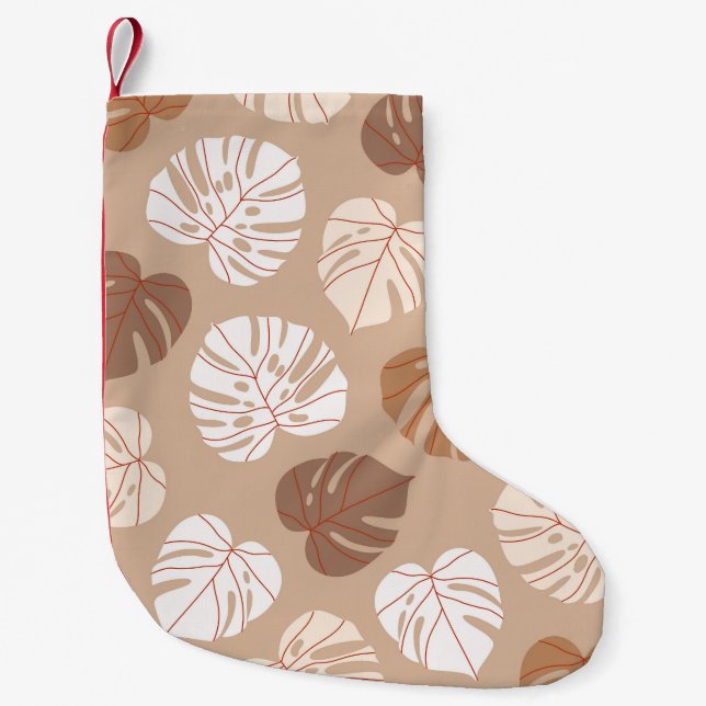Beige Monstera Leaves: Trendy Hand-Drawn Pattern Small Christmas Stocking (Front)