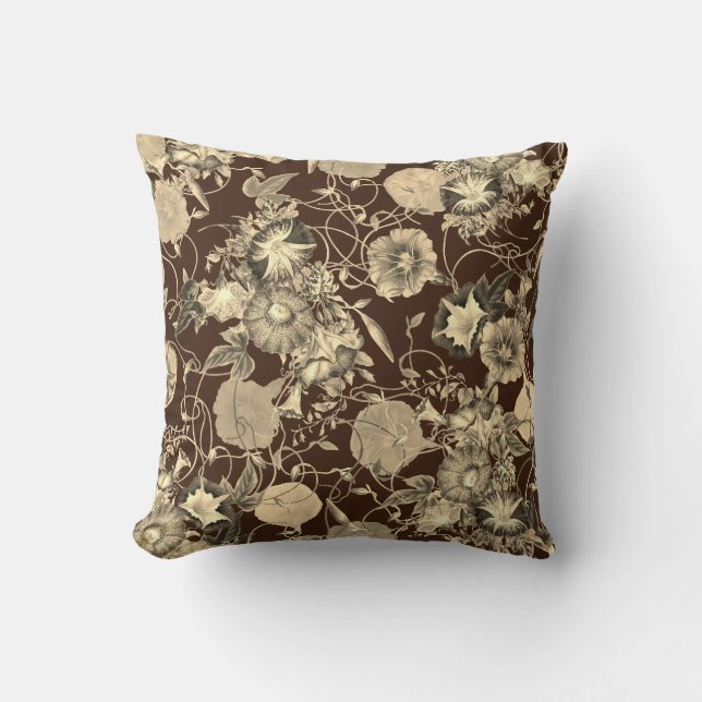 Beige Morning Glory Flowers on Dark Brown Throw Pillow (Front)