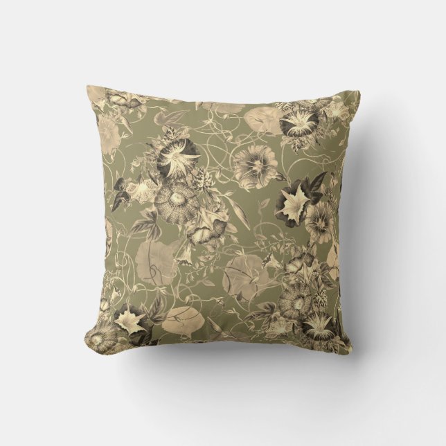 Beige Morning Glory Flowers on Olive Green Throw Pillow (Front)