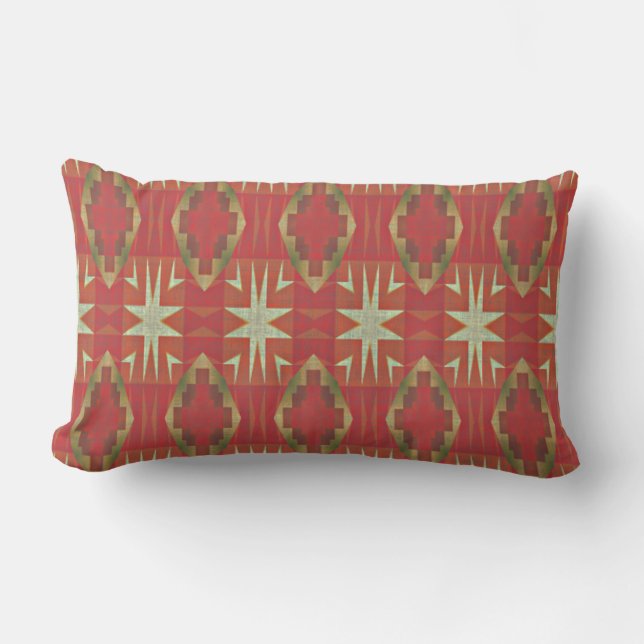 Beige Mustard Ochre Brown Red Orange Tribal Art Lumbar Pillow (Front)