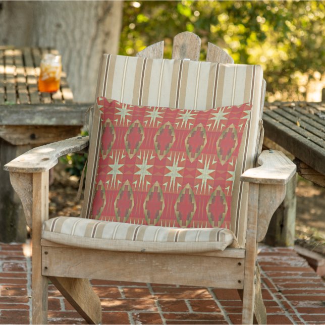 Beige Mustard Ochre Brown Red Orange Tribal Art Outdoor Pillow (Chair)
