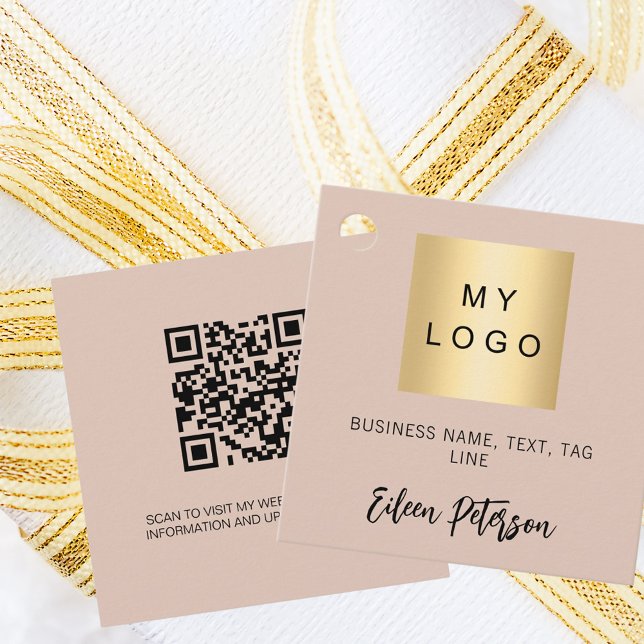 Beige name business logo QR code hang tag (Creator Uploaded)