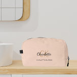 Beige name monogram initials script modern dopp kit<br><div class="desc">A beige coloured background,  black and golden text. 
Personalize and add your first name,  monogram initials and full name.</div>