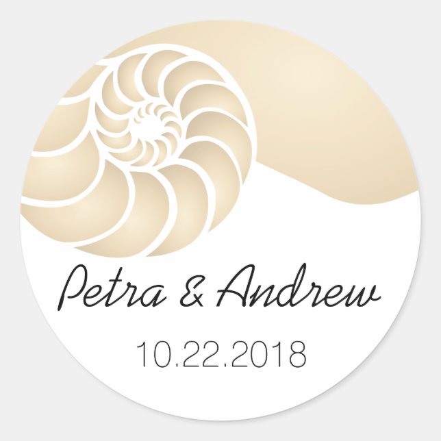 Beige Nautilus Shell Beach Wedding Classic Round Sticker (Front)