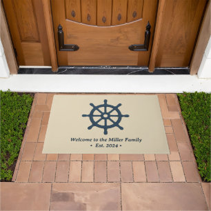 beige navy blue ship wheel Family Name est. Year Doormat