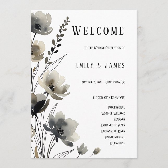 Beige Neutral Floral Wedding Program (Front)