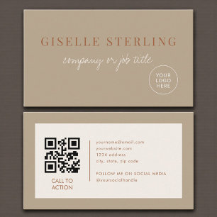 Beige Neutral Minimalist Company Logo QR Code Business Card
