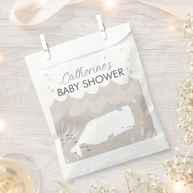 Beige Neutral White Whale Baby Shower  Favour Bag (Clipped)