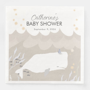 Beige Neutral White Whale Baby Shower Napkin