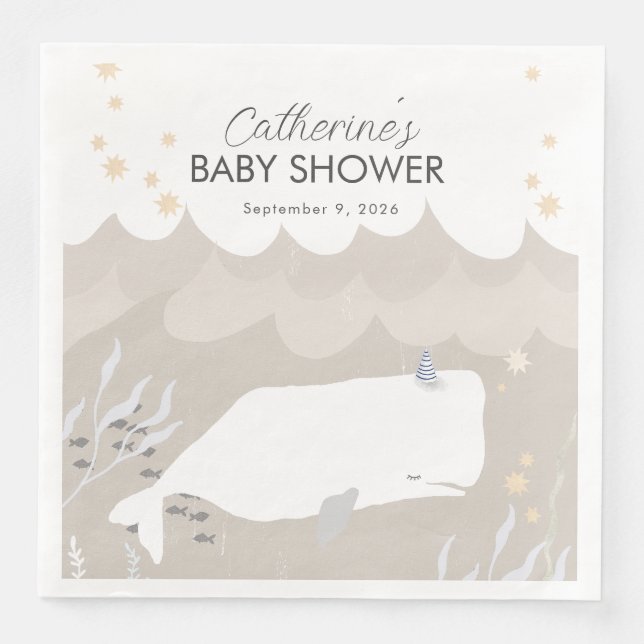 Beige Neutral White Whale Baby Shower  Napkin (Front)