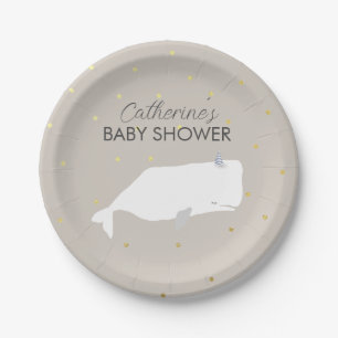 Beige Neutral White Whale Baby Shower  Paper Plate