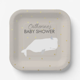 Beige Neutral White Whale Baby Shower Paper Plate