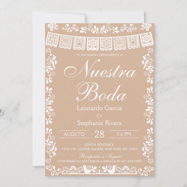 Beige Nuestra Boda Papel Picado Wedding Invitation (Front)