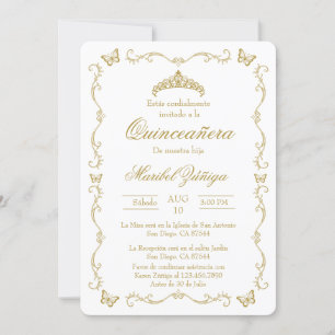 Beige or avec couronne Quinceanera invitation