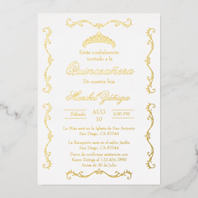 Beige or avec couronne Quinceanera invitation Foil (Recto)