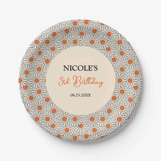 Beige Orange Daisies Floral Arch Birthday Paper Plate (Front)