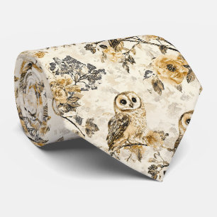Beige Owl Cottagecore Floral Pattern Tie