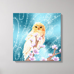 Beige Owl on Purple Floral Branch Magical Sparkle Canvas Print