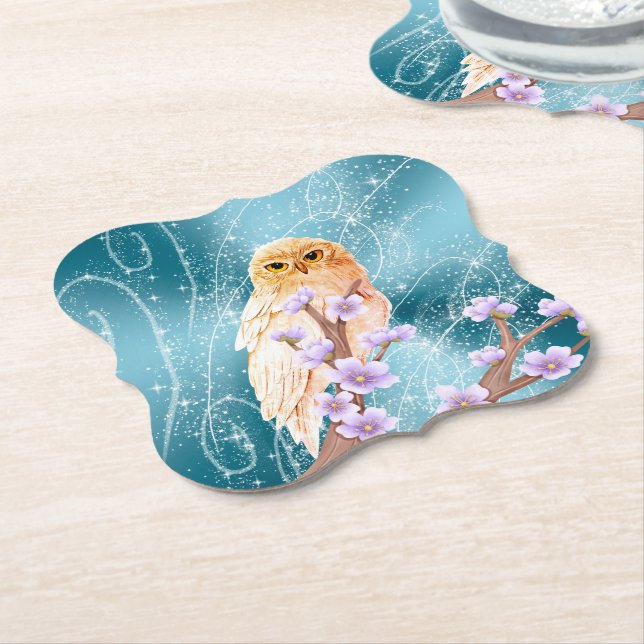 Beige Owl on Purple Floral Branch Magical Sparkle  Paper Coaster (Angled)