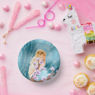 Beige Owl on Purple Floral Branch Magical Sparkle  Paper Plate