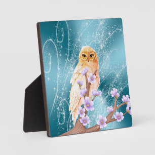 Beige Owl on Purple Floral Branch Magical Sparkle Plaque