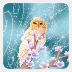 Beige Owl on Purple Floral Branch Magical Sparkle Square Sticker