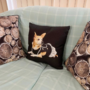 Beige painted glam chihuahua on black background throw pillow