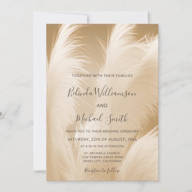  Beige Pampas Grass Photo Wedding Invitation (Front)