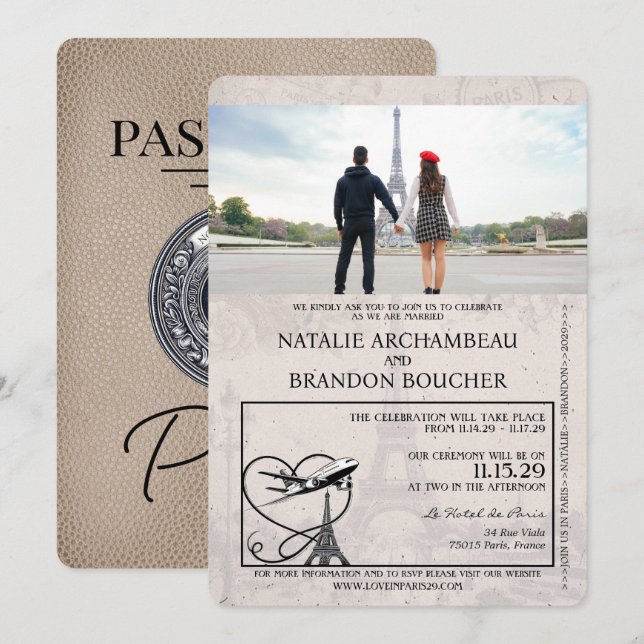 Beige Paris Passport Wedding Invitation (Front/Back)